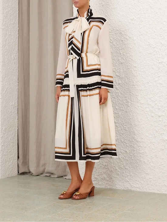 Zimmermann Dresses & Skirts - Zimmermann striped tie neck print crepe de chine midi dress size 1